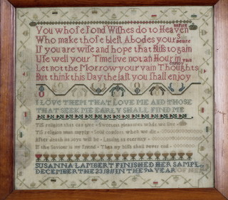 A Victorian wool work sampler by Susan Lambert, December 23rd 1855, Aged 9 with motto 11 1/2" x 11" 