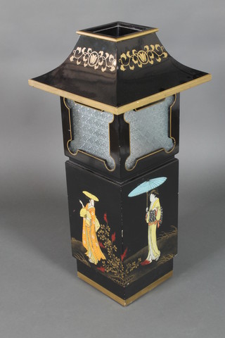 A black lacquered Chinese lantern of square form, decorated with Geishas and gilt decoration 40"h x 18"w x 18"d