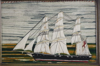 A 19th Century stitchwork picture of a 3 masted naval ship 9 1/2" x 14 1/2"