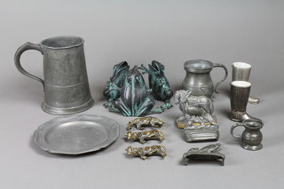 A pewter quart tankard, a Victorian pewter baluster half pint tankard, pewter plates 7", 3 brass figures of bulls and other curios