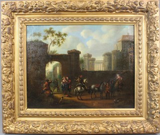 After Pieter Wouwerman.  Oil painting.  A Dutch study of a hunt gathered before a castle, unsigned,