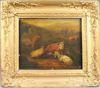 A 19th Century print, a study of farm animals in an extensive landscape overpainted, unsigned 10" x 11"