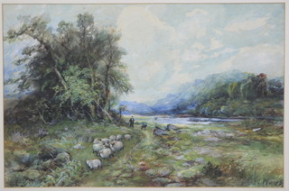 J Welsh, watercolour, a rural view with a shepherd and flock beside a river and distant mountains, signed 9" x 14" 