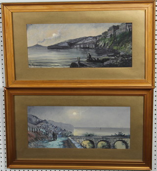Y Gianni, watercolours a pair, Italian moonlit studies of the bay of Naples and a coastal view, 7" x 16" 