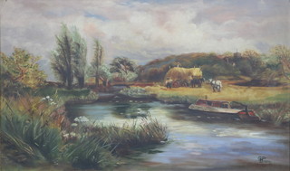 G P B, 1909, oil painting, a naive study of a river landscape with a farmer gathering hay and distant church, monogrammed 12" x 19" 