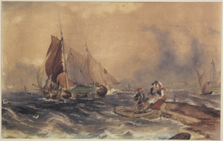 19th Century watercolour, a maritime study with boats and ships in choppy seas, unsigned, 9" x 13 1/2" 
