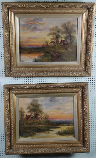 J Cooke, oil paintings a pair, rural Somerset riverside scenes with figures before buildings, signed, 14" x 18"