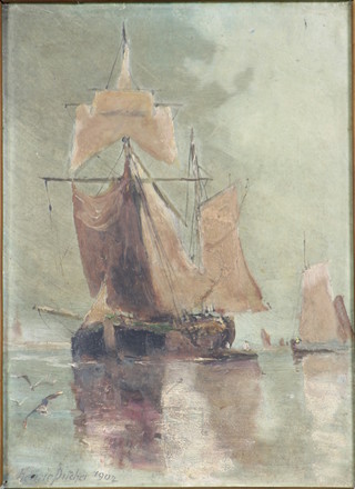 Henrie Pitcher 1902, oil painting on board, a study of ships at sea, signed 8" x 5"
