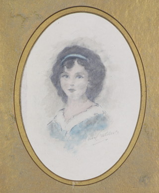 Karl Kalders, watercolour, portrait of a young lady in a blue dress, signed, oval 7" x 5" 