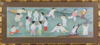 20th Century print, a study of Japanese children at play, monogrammed 10" x 30" 