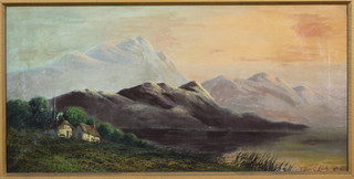 C Lester, oil painting, an extensive Scottish Mountainous sunset view with cottages, signed 11" x 23" 