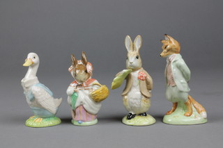 4 Royal Albert Beatrix Potter figures - Mr Drake Puddleduck 4", Mrs Rabbit 4", Benjamin Ate a Lettuce Leaf 5" and Foxy Whiskered Gentleman 4" 