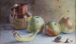 An Edwardian watercolour.  Study of a Doulton jug and fruit, unsigned 8" x 13 1/2"