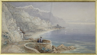 T Heart FSA, watercolour, a 19th Century view of an Italian coastal scene with figures in a foreground and a distant hillside town, signed 8" x 14 1/2" 