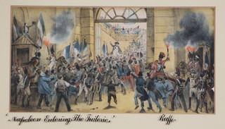 Auguste Raffet, 19th Century lithograph heightened with colours "Napoleon Entering The Tuileries", inscribed on the reverse 4" x 8" 