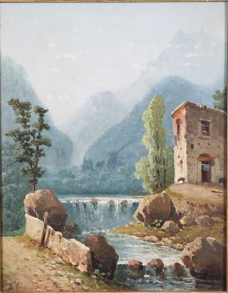 20th Century oil painting, a Continental riverscape with distant mountains, unsigned, 12" x 9 1/2" 