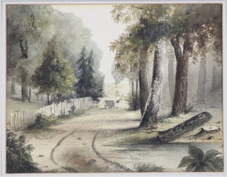 19th Century watercolour, a study of a country landscape with a figure and cart beneath trees, unsigned 7" x 9" 