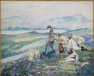 20th Century pastel, a Scottish landscape with a figure and hounds, unsigned 8 1/2" x 10 1/2" 