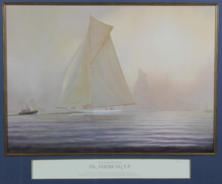 20th Century print, the paintings of the America's Cup, The Reliance and Shamrock III, indistinctly signed 21" x 23" 