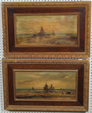 19th Century oil paintings, a pair, beach scenes with fishing boats and figures, monogrammed (1f) 8" x 15 1/2" 
