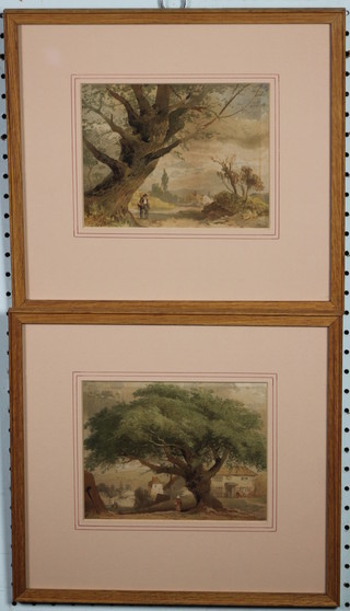 J Needham, watercolours a pair, 19th Century rural landscapes with a figure before a tree and distant buildings and a townscape with figures, signed, 5 1/2" x 7" 