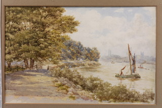 Warren Warren, watercolour, study of a river view with fishing boats and distant buildings 7 1/2" x 11"  