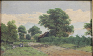 19th Century oil, a rural study with figures in a country lane with farm buildings, unsigned 7" x 11" 