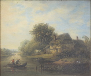 A 19th Century oil painting on panel, a rural study of 2 men in a boat beside a thatched cottage with distant town, unsigned (cracked) 8" x 9"