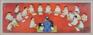 20th Century print, study of Japanese School Children, signed 10 1/2" x 30" 