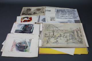 John Burningham, folios, a quantity of unframed watercolour sketches, pen and wash drawings, wood block prints etc