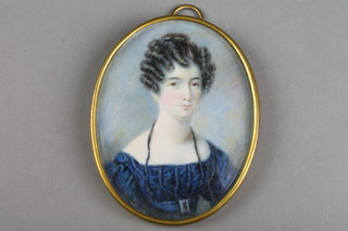 H Teath, watercolour, an early 19th Century oval miniature portrait of a young lady wearing a blue dress with silver buckle, signed 3 1/2" x 2 3/4"
