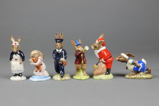 6 Royal Doulton Bunnykins figures - Rise and Shine DB11 4", Jogging DB22 3", Goodnight DB157 3", Postman DB76 4", Santa Happy Christmas DB17 4" and Nurse DB74 4" 