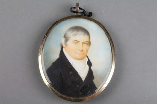 J H 1803, a watercolour, an oval miniature portrait of a gentleman with white cravat signed and dated with memorial hair panel 3" x 2 1/2" 
