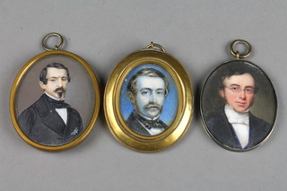 19th Century watercolours, 3 miniature portraits of gentleman, all unsigned 2" x 1 3/4", 2" x 1 1/2" and 2" x 1.75"