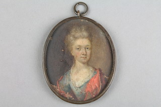 An 18th Century watercolour, an oval portrait study of a lady wearing a blue dress with red shawl, unsigned 2" x 1 1/2"