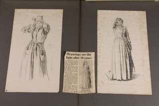 Augustus John, sketches, pencil studies of 2 ladies, unframed, signed, 10" x 4"