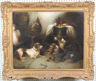 G. Armfield 1869, oil painting, an interior scene with hunting dogs sitting before barrels with earthenware vessels and bottles, signed and dated, re-lined and cleaned 17" x 21"