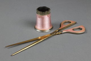 A Continental Sterling and pink guilloche enamel pen cleaner and ditto scissors