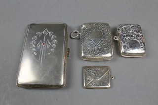 An early 20th Century Continental cigarette case with chased formal decoration, 2 silver vestas and a stamp envelope