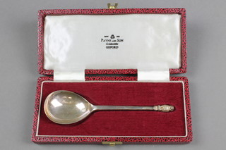 A cased modern silver apostle spoon with owl terminal