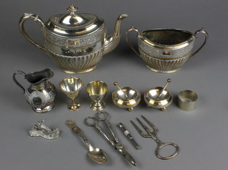 An Edwardian plated demi-fluted teapot and sugar bowl, minor plated items