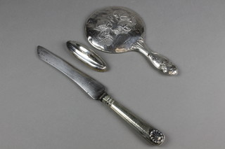 A repousse silver Reynolds Angels hand mirror (f), ditto nail buff and carving knife