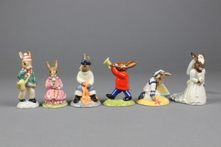 6 Royal Doulton Bunnykins figures - Paper Boy DB77 4", Fishermen DB170 4", Polly DB71 4", Sailor DB166 4", Trumpeter From Umpa Band DB24 4" and Bride DB101 4" 