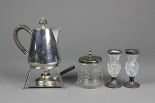 A stylish Hukin & Heath plated tapered coffee pot on stand with burner and ebony mounts 8", 2 silver mounted posy vases and minor items