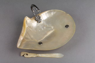 A silver plated mounted shell bowl and shell knife