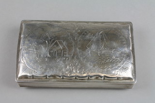 A 19th Century rectangular Dutch silver table snuff box, the naive decoration with panels of buildings and a ship, approx. 5 ozs, 5.5" x 3.5" 