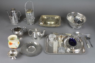 A silver plated casserole dish and sundry silver plated items