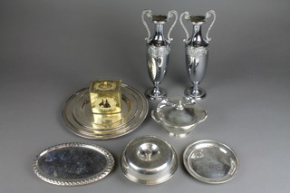 2 silver plated classical vases and minor plated items