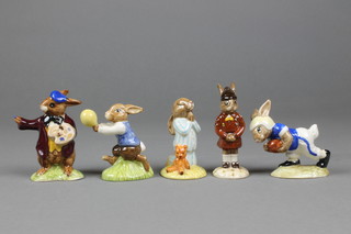 5 Royal Doulton Bunnykins figures - Touchdown DB29 4", Harry DB73 3.5", Bedtime DB55 3", Brownie DB61 4" and the Artist DB13 5" 