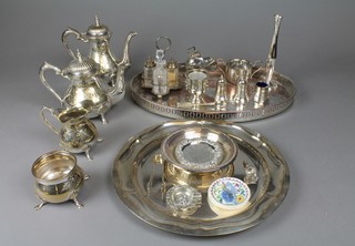 A silver plated galleried oval tray, a 3 piece silver plated tea set and minor items